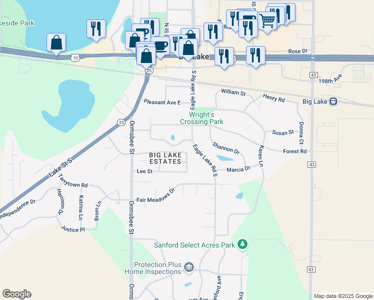 map of restaurants, bars, coffee shops, grocery stores, and more near 301 Monroe Street in Big Lake