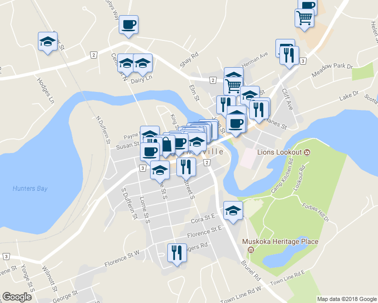 map of restaurants, bars, coffee shops, grocery stores, and more near 40 Main Street East in Huntsville