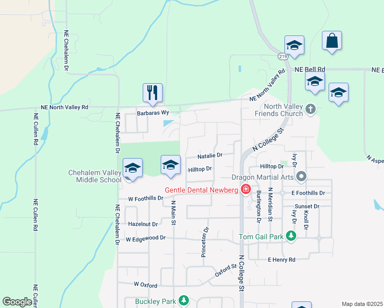 map of restaurants, bars, coffee shops, grocery stores, and more near 213 Natalie Drive in Newberg