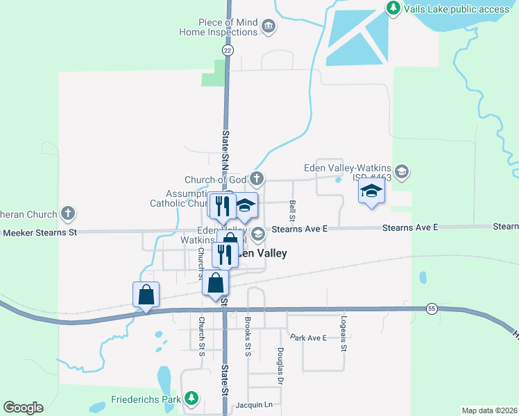 map of restaurants, bars, coffee shops, grocery stores, and more near 214 Rose Avenue in Eden Valley