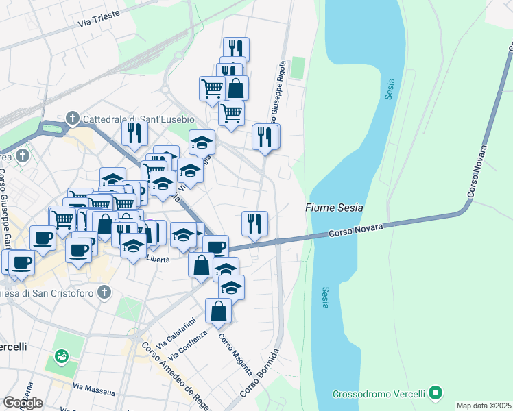 map of restaurants, bars, coffee shops, grocery stores, and more near 12 Via Leon Battista Alberti in Vercelli