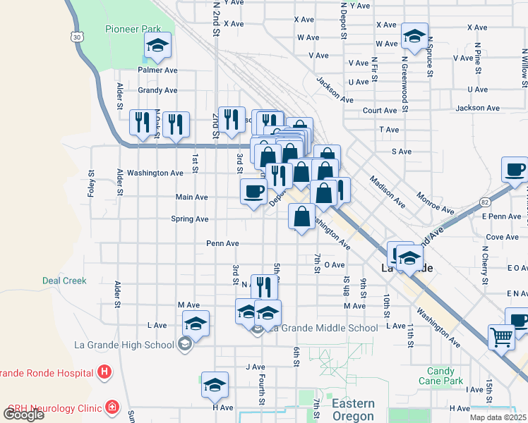 map of restaurants, bars, coffee shops, grocery stores, and more near 1706 1/2 Fourth Street in La Grande