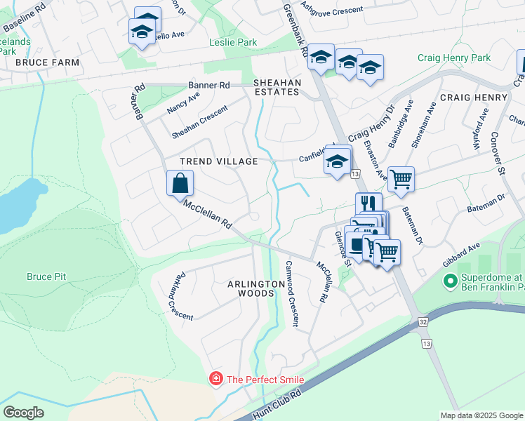 map of restaurants, bars, coffee shops, grocery stores, and more near 5 Sundance Court in Ottawa