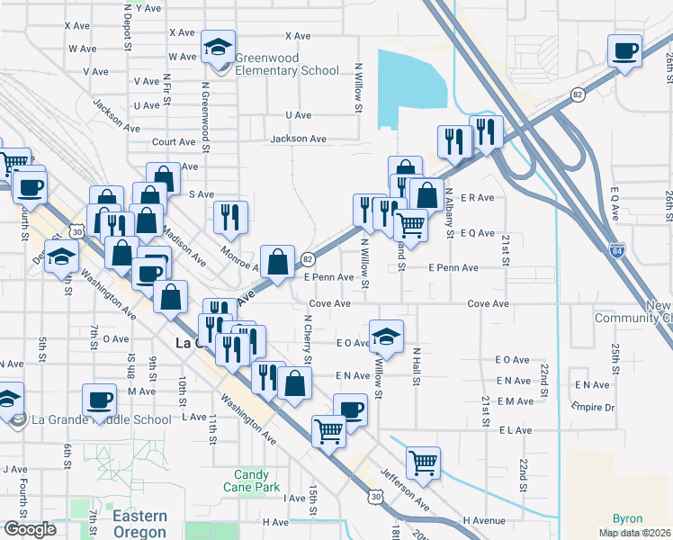 map of restaurants, bars, coffee shops, grocery stores, and more near 1915 East Penn Avenue in La Grande