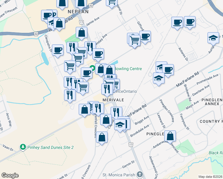 map of restaurants, bars, coffee shops, grocery stores, and more near 1969 Merivale Road in Ottawa