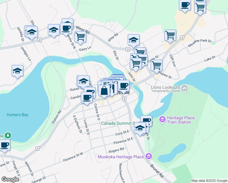 map of restaurants, bars, coffee shops, grocery stores, and more near 50 Main Street East in Huntsville