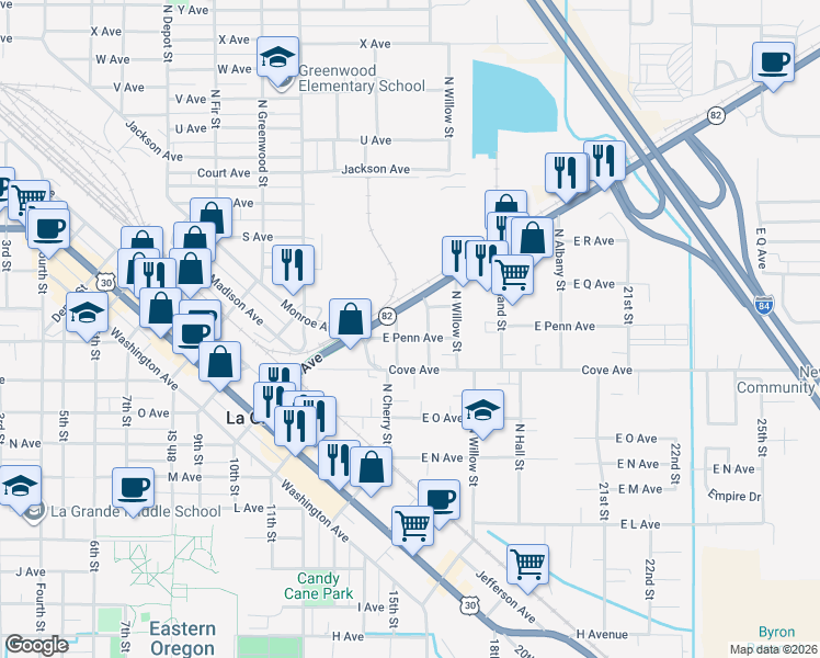 map of restaurants, bars, coffee shops, grocery stores, and more near 1915 East Penn Avenue in La Grande