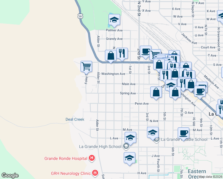 map of restaurants, bars, coffee shops, grocery stores, and more near 1705 Walnut Street in La Grande