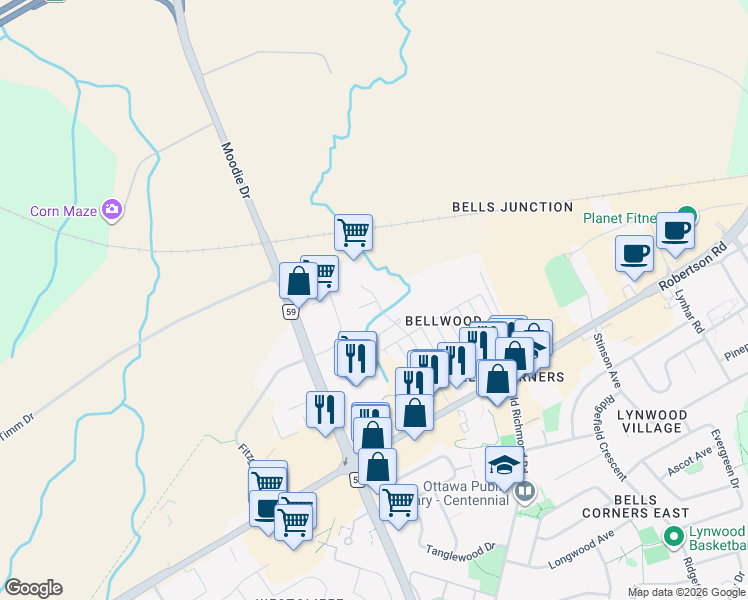 map of restaurants, bars, coffee shops, grocery stores, and more near in Ottawa