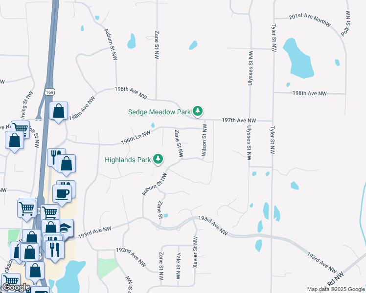 map of restaurants, bars, coffee shops, grocery stores, and more near 11102 196th Circle Northwest in Elk River