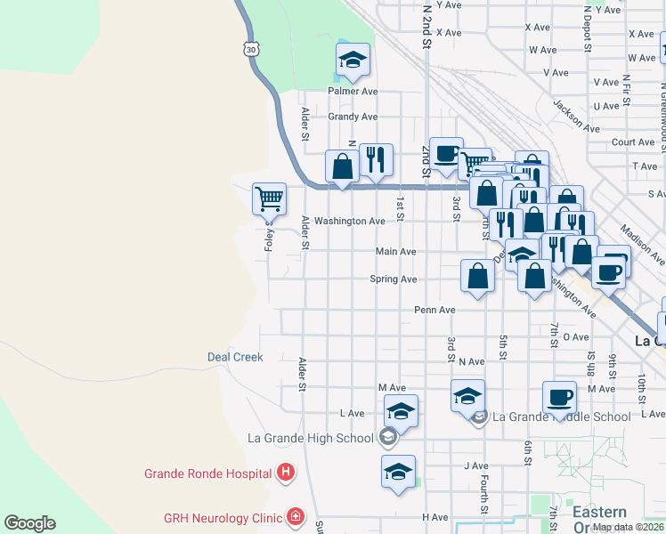 map of restaurants, bars, coffee shops, grocery stores, and more near 1705 Walnut Street in La Grande