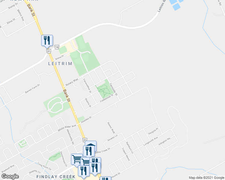 map of restaurants, bars, coffee shops, grocery stores, and more near 471 Fernside Street in Ottawa