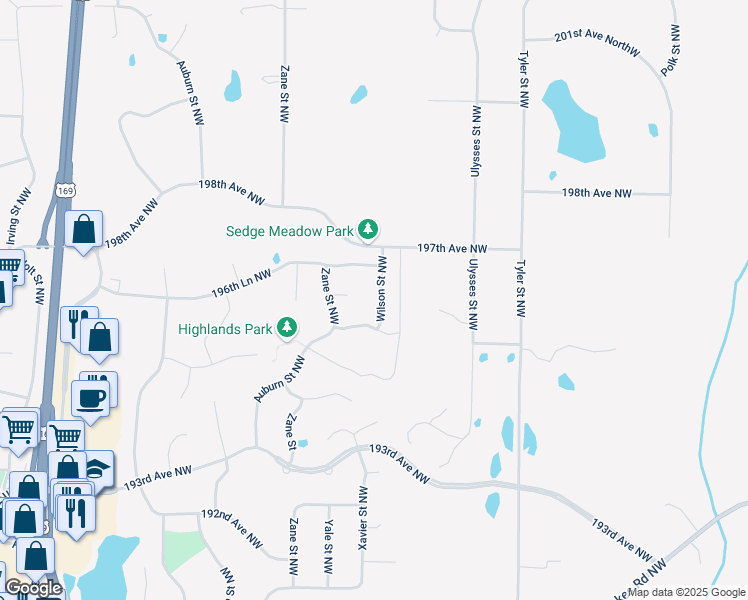 map of restaurants, bars, coffee shops, grocery stores, and more near 19616 Wilson Street Northwest in Elk River