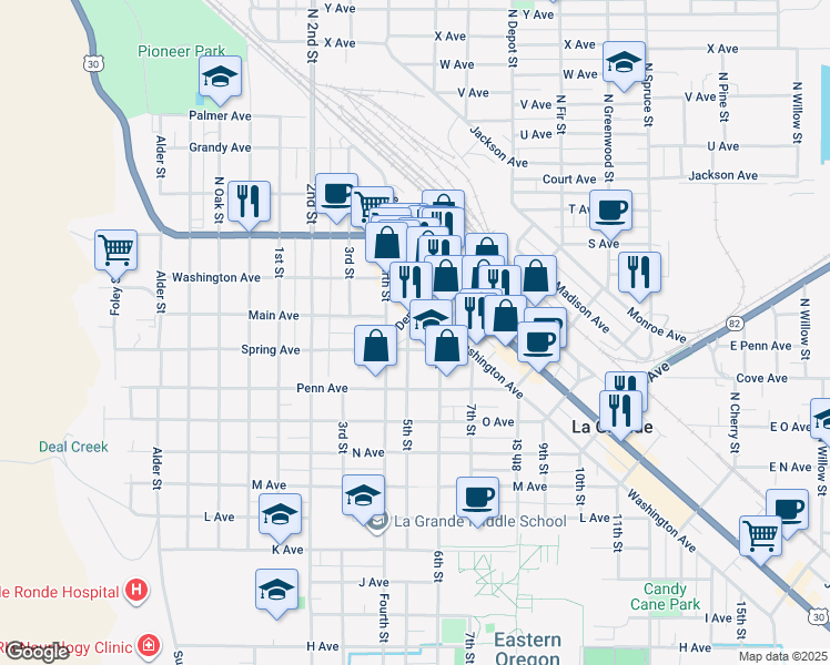 map of restaurants, bars, coffee shops, grocery stores, and more near 1707 5th Street in La Grande