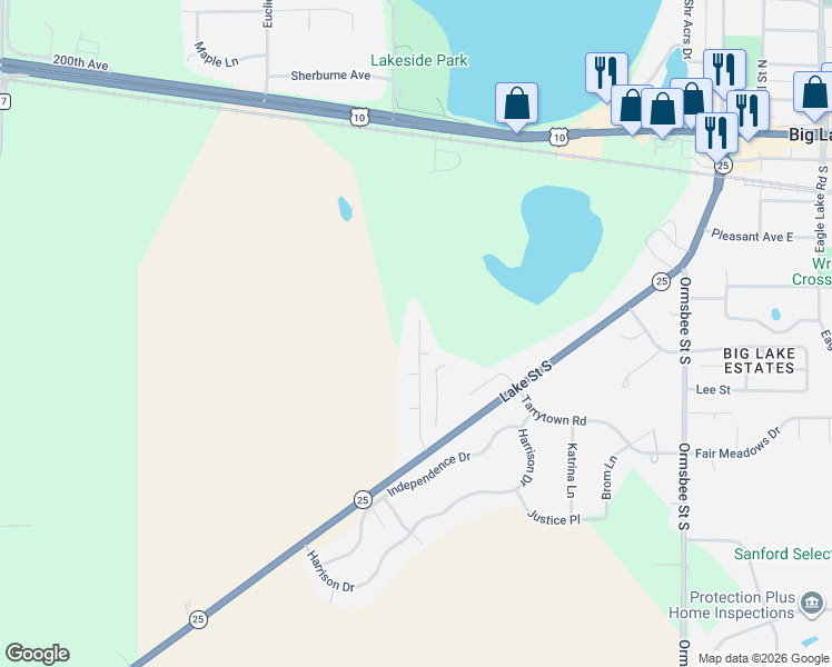 map of restaurants, bars, coffee shops, grocery stores, and more near 193 Norwood Drive in Big Lake