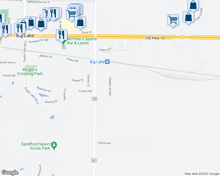 map of restaurants, bars, coffee shops, grocery stores, and more near Station Street Northwest in Big Lake