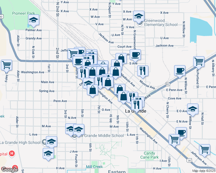 map of restaurants, bars, coffee shops, grocery stores, and more near 1407 Adams Avenue in La Grande