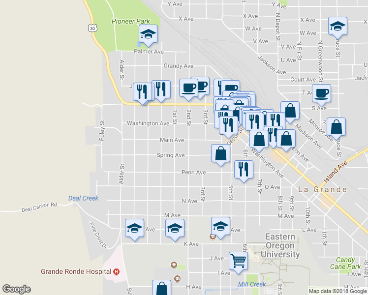 map of restaurants, bars, coffee shops, grocery stores, and more near 1706 2nd Street in La Grande