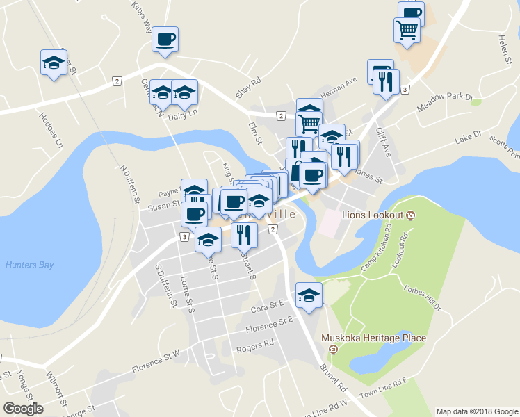 map of restaurants, bars, coffee shops, grocery stores, and more near 76 Main Street East in Huntsville
