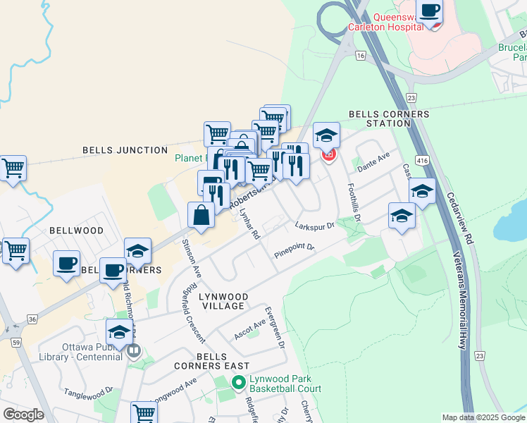 map of restaurants, bars, coffee shops, grocery stores, and more near 1 Eaton Street in Ottawa