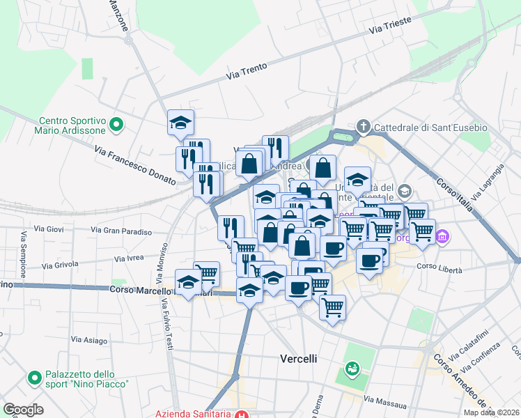 map of restaurants, bars, coffee shops, grocery stores, and more near 15 Via Sereno Luigi in Vercelli