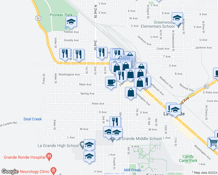 map of restaurants, bars, coffee shops, grocery stores, and more near 1806 3rd Street in La Grande