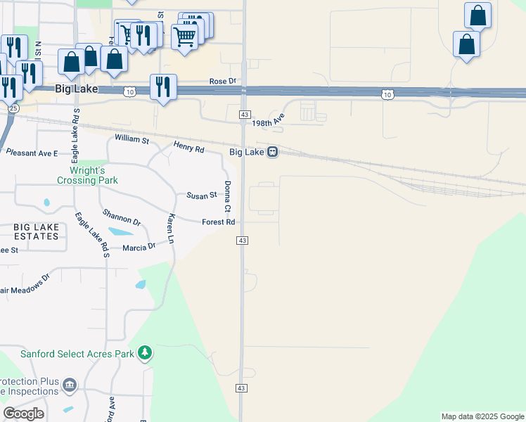 map of restaurants, bars, coffee shops, grocery stores, and more near 19595 Station Street Northwest in Big Lake