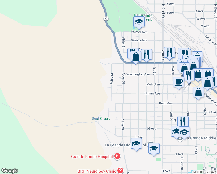 map of restaurants, bars, coffee shops, grocery stores, and more near 101 Spring Avenue in La Grande