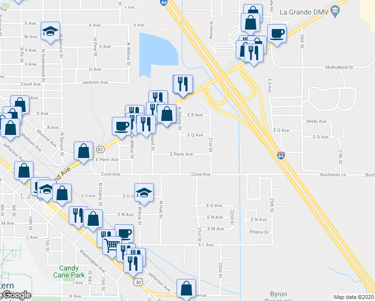 map of restaurants, bars, coffee shops, grocery stores, and more near 1601 North Albany Street in La Grande