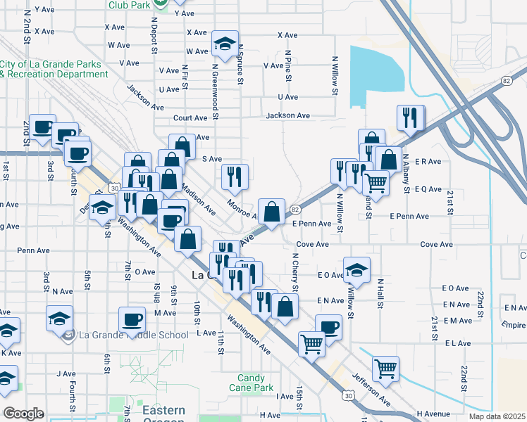 map of restaurants, bars, coffee shops, grocery stores, and more near 1621 North Spruce Street in La Grande