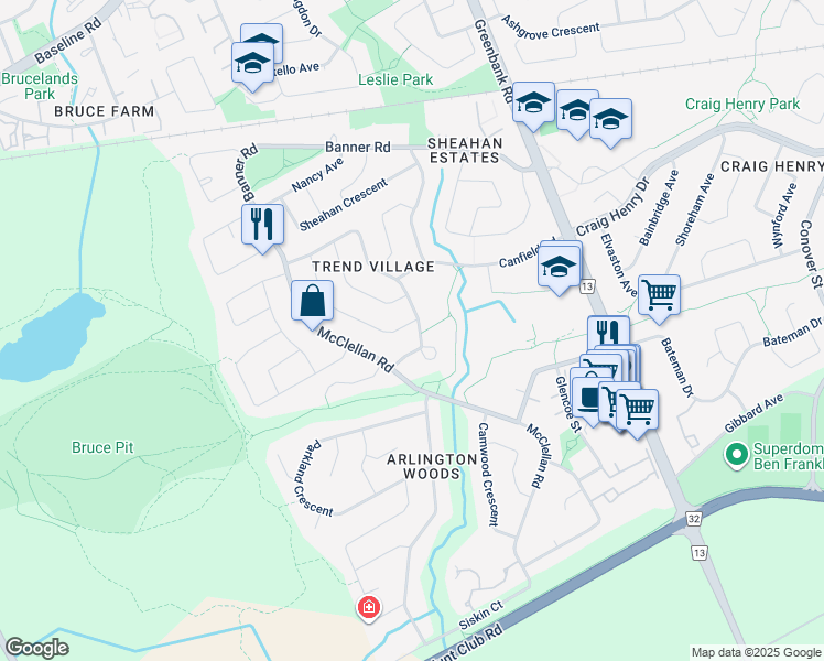 map of restaurants, bars, coffee shops, grocery stores, and more near 50 Cramer Drive in Ottawa
