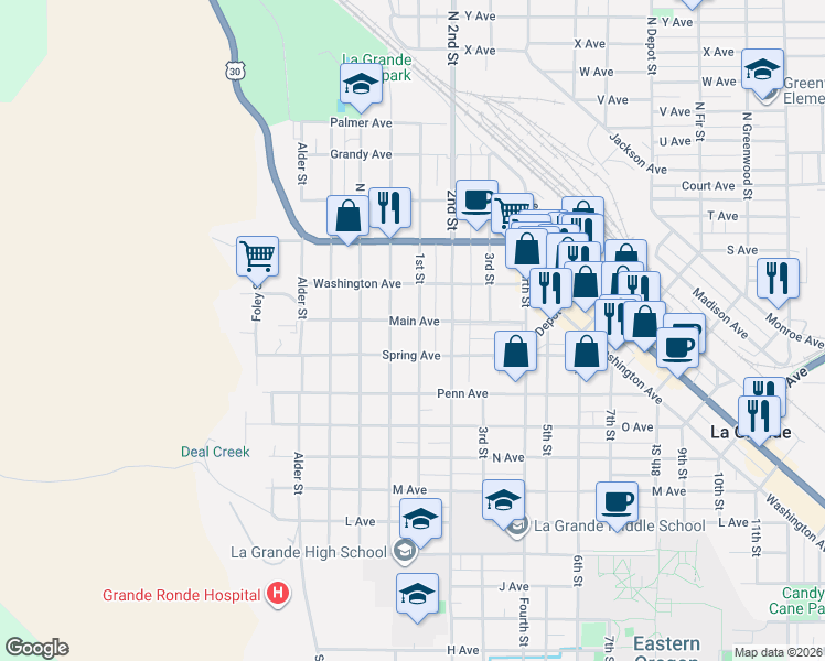 map of restaurants, bars, coffee shops, grocery stores, and more near 1710 1st Street in La Grande