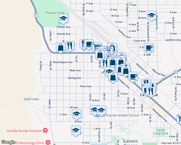 map of restaurants, bars, coffee shops, grocery stores, and more near 1806 3rd Street in La Grande