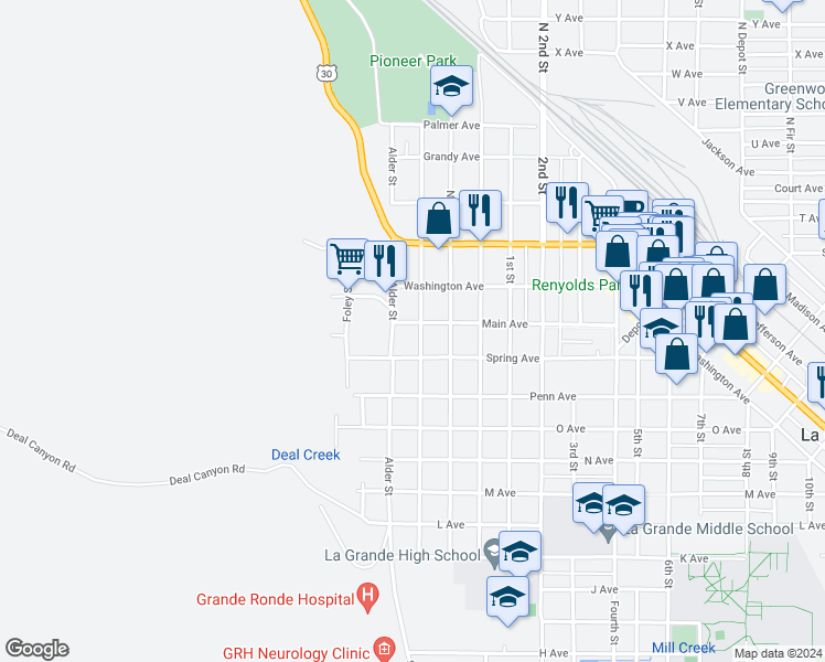 map of restaurants, bars, coffee shops, grocery stores, and more near 1712 Walnut Street in La Grande