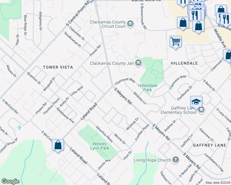 map of restaurants, bars, coffee shops, grocery stores, and more near 19352 Prospector Terrace in Oregon City
