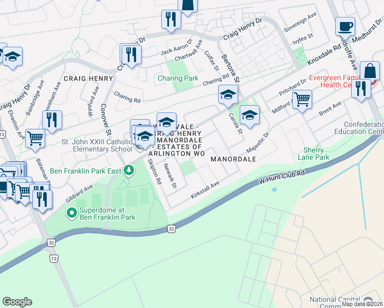 map of restaurants, bars, coffee shops, grocery stores, and more near 24 Roundhay Drive in Ottawa