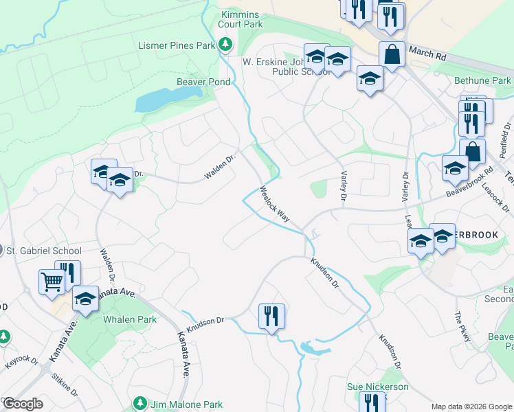 map of restaurants, bars, coffee shops, grocery stores, and more near 6 Zokol Crescent in Ottawa