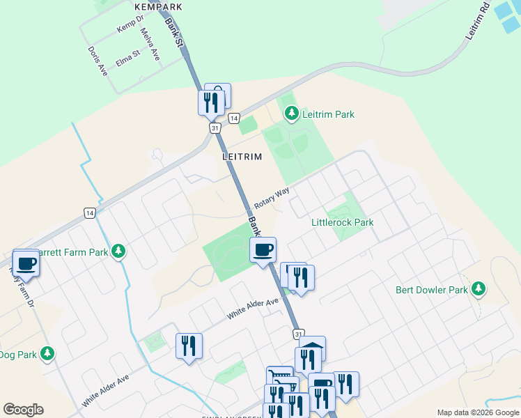 map of restaurants, bars, coffee shops, grocery stores, and more near 132 Stardust Private in Ottawa
