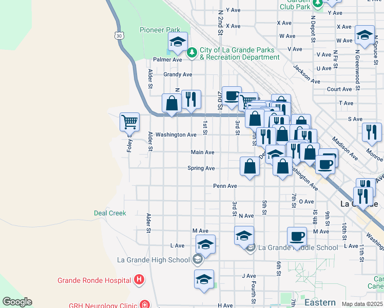 map of restaurants, bars, coffee shops, grocery stores, and more near 1706 1st Street in La Grande