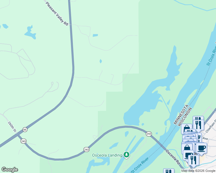 map of restaurants, bars, coffee shops, grocery stores, and more near 26109 Saint Croix Trail North in Shafer