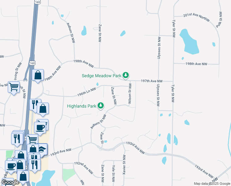 map of restaurants, bars, coffee shops, grocery stores, and more near 11102 196th Circle Northwest in Elk River