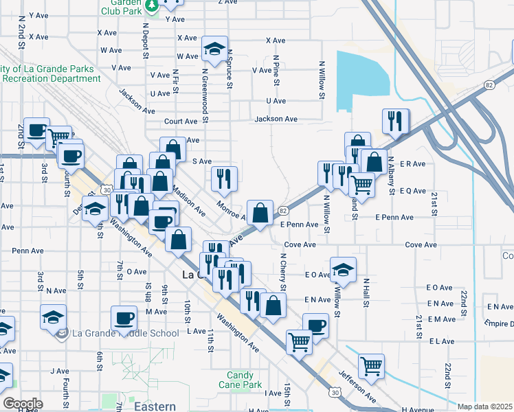 map of restaurants, bars, coffee shops, grocery stores, and more near 1621 North Spruce Street in La Grande