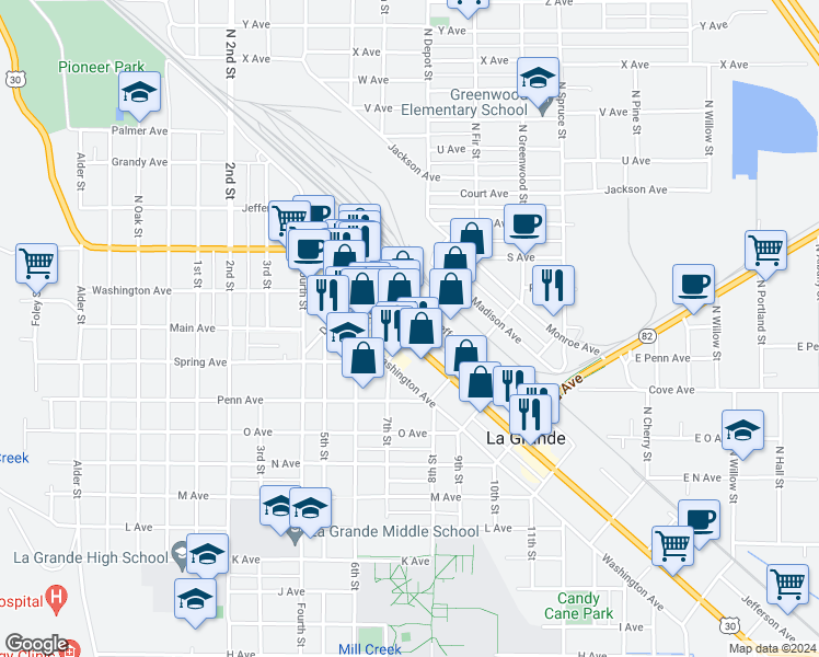 map of restaurants, bars, coffee shops, grocery stores, and more near 1407 Adams Avenue in La Grande