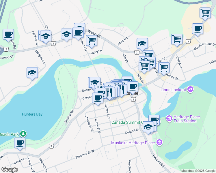 map of restaurants, bars, coffee shops, grocery stores, and more near 7 Susan Street East in Huntsville