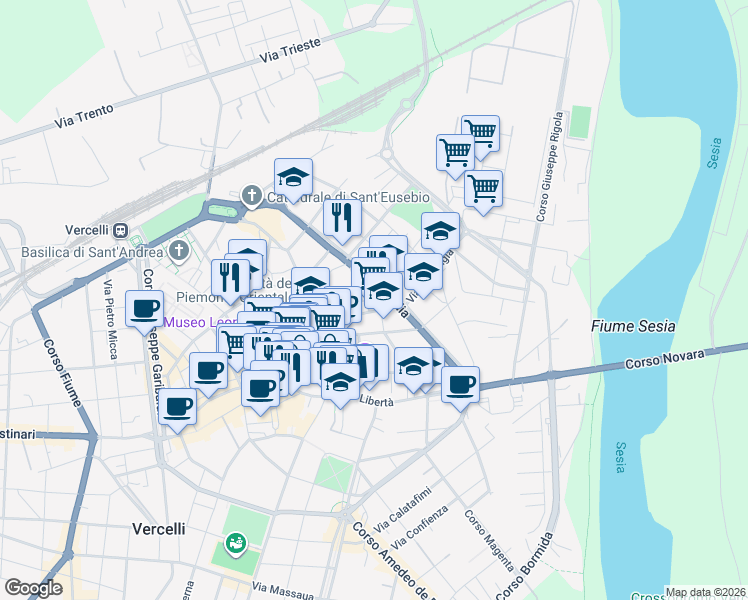map of restaurants, bars, coffee shops, grocery stores, and more near 2 Via Re Rosanna in Vercelli