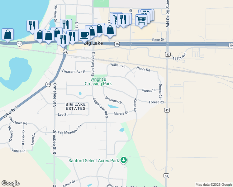 map of restaurants, bars, coffee shops, grocery stores, and more near 472 Shannon Drive in Big Lake