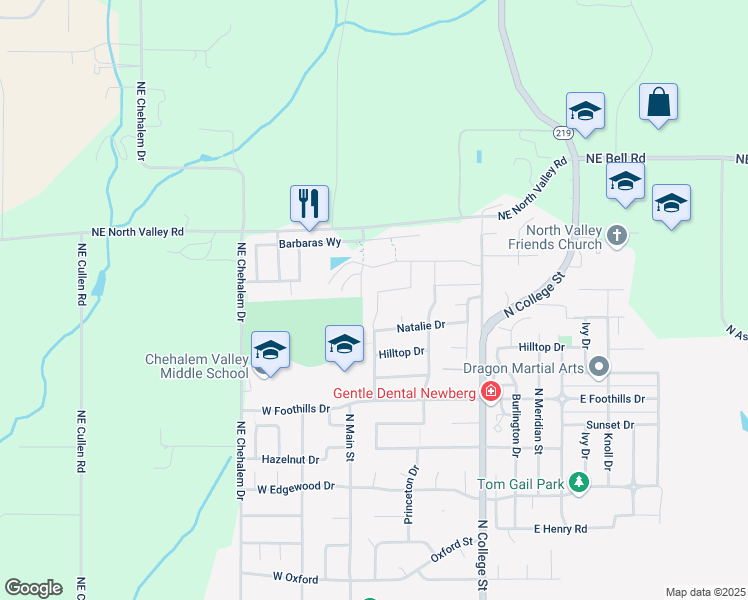 map of restaurants, bars, coffee shops, grocery stores, and more near 213 Natalie Drive in Newberg