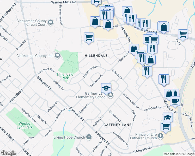 map of restaurants, bars, coffee shops, grocery stores, and more near 13355 Eastborne Drive in Oregon City