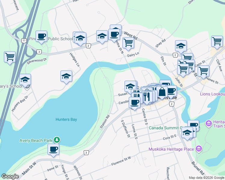 map of restaurants, bars, coffee shops, grocery stores, and more near 7 North Dufferin Street in Huntsville