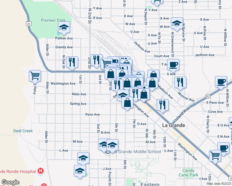 map of restaurants, bars, coffee shops, grocery stores, and more near 1707 5th Street in La Grande